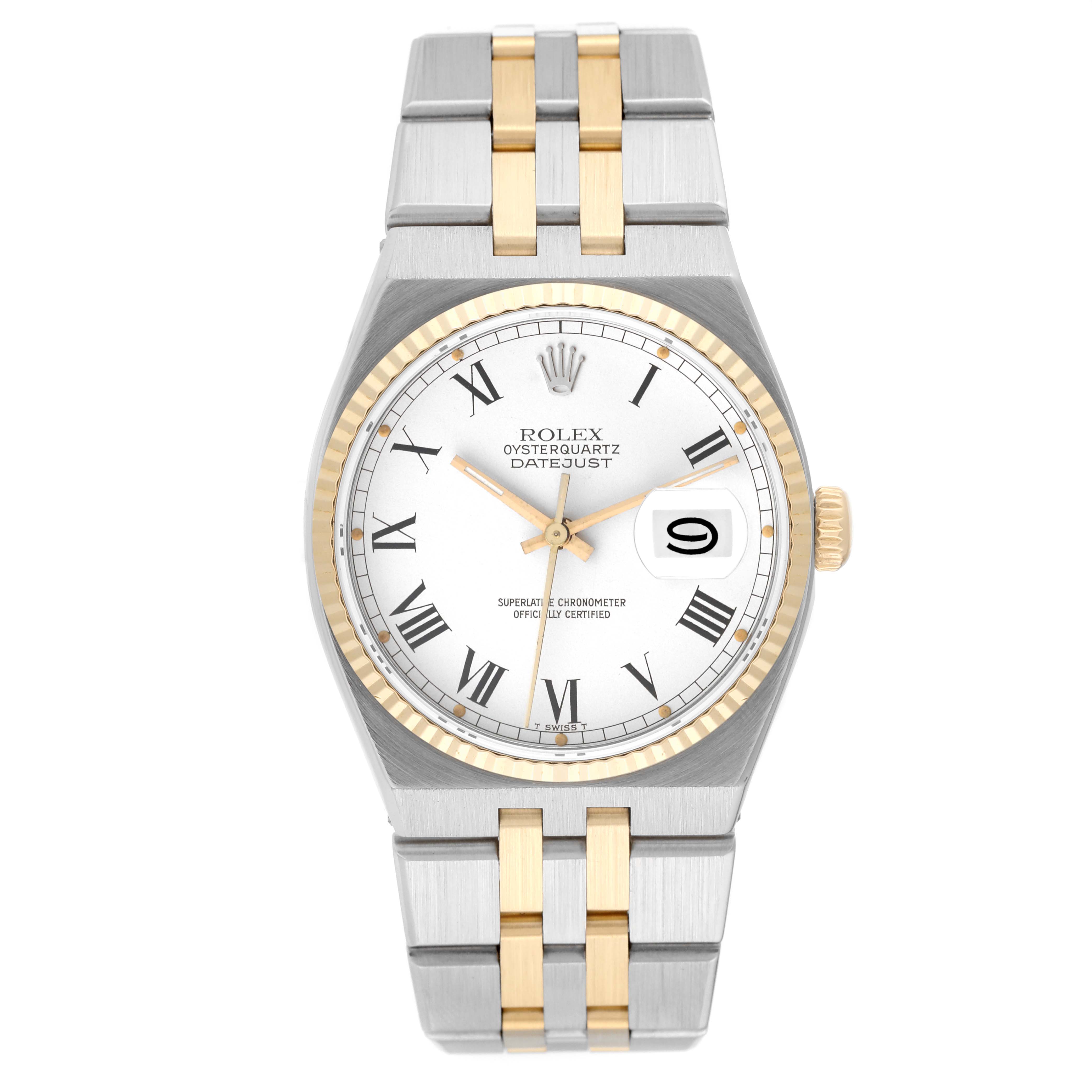 The Rolex Oysterquartz 17013 Men's Steel and Gold (two tone) White Dial 17013 Men's Steel and Gold (two tone) White Dial watch is shown from the front, displaying the dial, case, and bracelet.