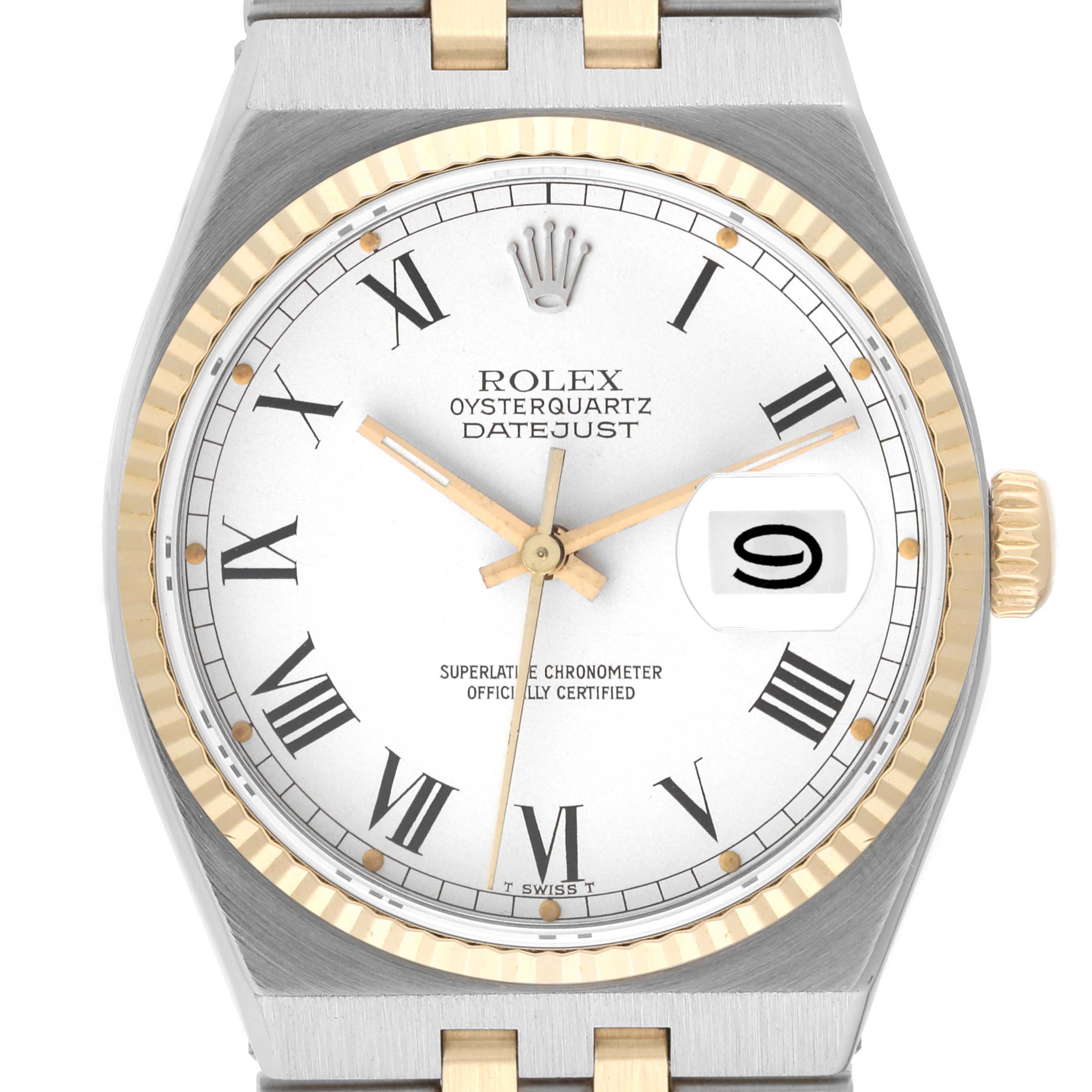 This image shows a front view of a Rolex Oysterquartz 17013 Men's Steel and Gold (two tone) White Dial 17013 Men's Steel and Gold (two tone) White Dial Datejust watch, highlighting the dial, hands, date window, and part of the bracelet.