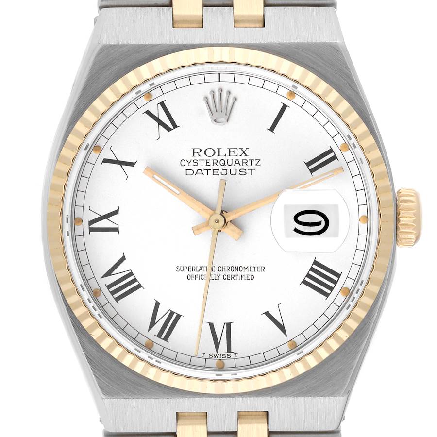 This image shows a front view of a Rolex Oysterquartz 17013 Men's Steel and Gold (two tone) White Dial 17013 Men's Steel and Gold (two tone) White Dial Datejust watch, highlighting the dial, hands, date window, and part of the bracelet.
