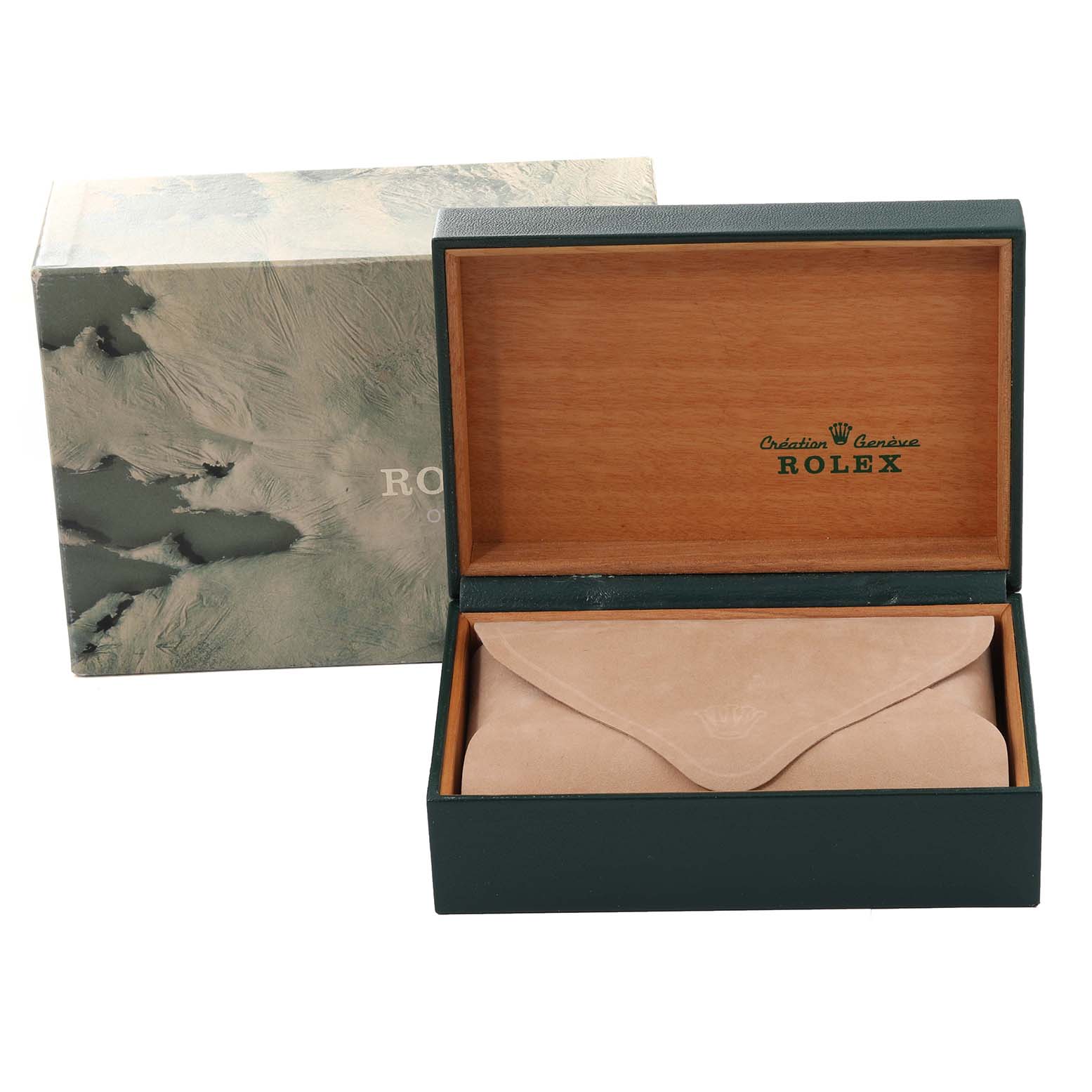 The image shows the packaging of a Rolex Oysterquartz 17013 Men's Steel and Gold (two tone) White Dial 17013 Men's Steel and Gold (two tone) White Dial, including the outer box, inner wooden box, and a suede pouch.