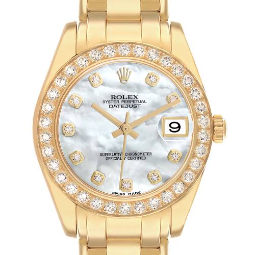 The Rolex Pearlmaster 81298 Women's Yellow Gold Mother of Pearl Dial watch is shown from a front view, highlighting the bezel, dial, hands, and bracelet.