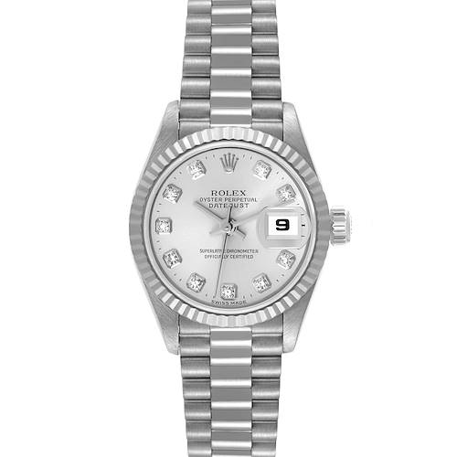 The image shows a front view of the Rolex President 69179 Women's White Gold Silver Dial 69179 Women's White Gold Silver Dial model watch, featuring the dial, bezel, bracelet, and date window.