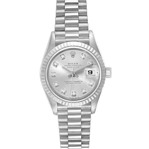 This image shows the front view of a Rolex President 69179 Women's White Gold Silver Dial 69179 Women's White Gold Silver Dial model watch, showcasing its dial, bezel, and bracelet.
