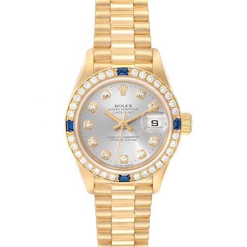 The image displays a front view of a Rolex President 79088 Women's Yellow Gold Silver Dial 79088 Women's Yellow Gold Silver Dial Datejust watch, showcasing the face, bezel, crown, and band.