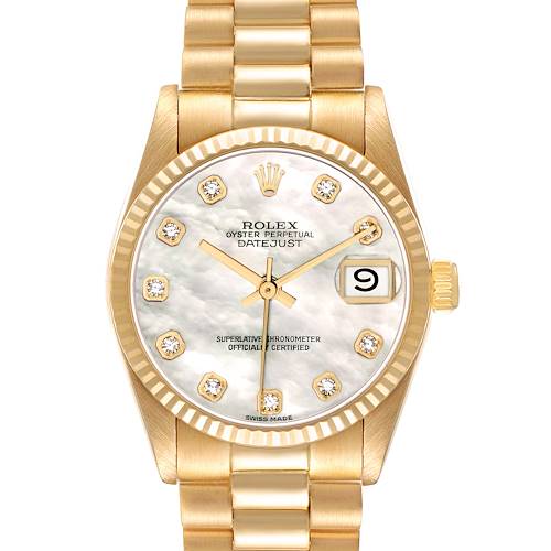 The Rolex President 68278 Women's Yellow Gold Mother of Pearl Dial model watch is shown from a front angle, featuring its face, bezel, bracelet, and crown clearly.