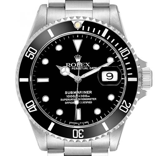 The Rolex Submariner 116610 Men's Stainless Steel Black Dial watch is shown from a top view, highlighting the black dial, date window, and bezel.