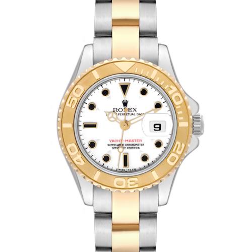 The image shows a front view of a Rolex Yacht-Master 69623 Women's Steel and Gold (two tone) White Dial 69623 Women's Steel and Gold (two tone) White Dial watch, featuring a two-tone bracelet and a white dial with a gold bezel.