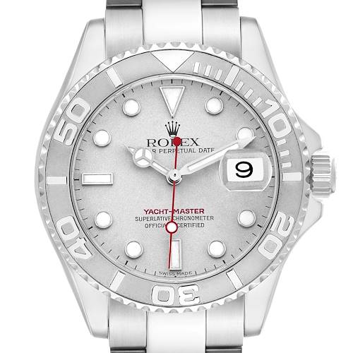The image shows a front view of the Rolex Yacht-Master 16622 Men's Stainless Steel Silver Dial watch displaying the dial, bezel, and crown.