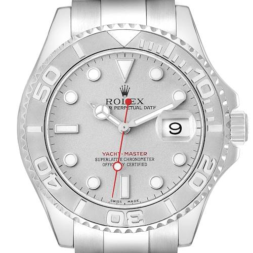 This image shows a front view of a Rolex Yacht-Master 16622 Men's Stainless Steel Silver Dial 16622 Men's Stainless Steel Silver Dial watch, highlighting the bezel, dial, markers, and date window.