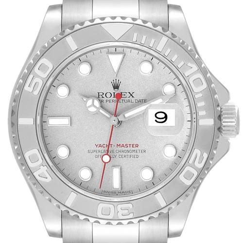 This Rolex Yacht-Master 16622 Men's Stainless Steel Silver Dial 16622 Men's Stainless Steel Silver Dial watch is shown from a front angle, displaying the dial, bezel, hands, and date window.