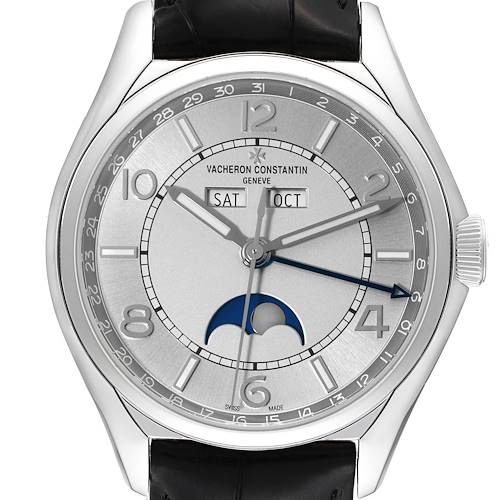 This image shows a front view of the Vacheron Constantin Fiftysix 4000E/000A-B439 Men's Stainless Steel Silver Dial 4000E/000A-B439 Men's Stainless Steel Silver Dial watch, highlighting its dial, hands, date, and moon phase complications.
