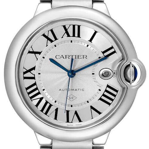 The image shows a front view of the Cartier Ballon Bleu W6920094 Men's Stainless Steel Silver Dial W6920094 Men's Stainless Steel Silver Dial watch, highlighting its dial, blue hands, date window, and Roman numeral markers.