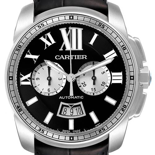 This image shows a front view of the Calibre de Cartier watch by Cartier, highlighting the dial, sub-dials, and date window.
