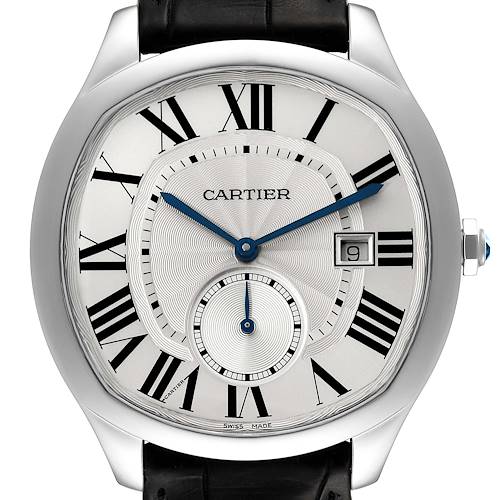 The image shows a frontal view of a Drive de Cartier model watch by Cartier, highlighting the dial, hands, crown, and leather strap.