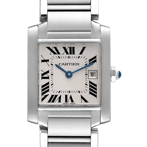 This image displays a Cartier Tank Francaise W51011Q3 Women's Stainless Steel Silver Dial W51011Q3 Women's Stainless Steel Silver Dial watch from a front angle, highlighting the face, crown, and part of the bracelet.