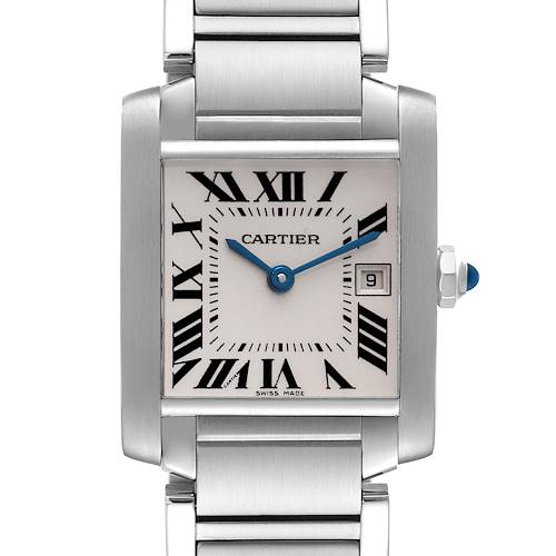 The image shows a Cartier Tank Française watch from a front angle, highlighting its square face, Roman numerals, and metal bracelet.