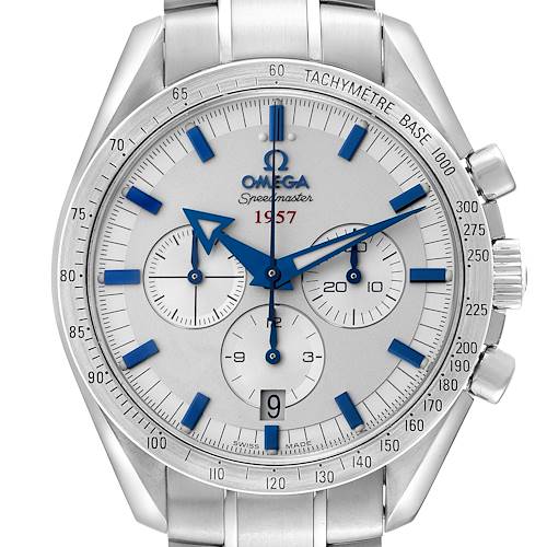 This image shows a front view of the Omega Speedmaster 321.10.42.50.02.001 Men's Stainless Steel Silver Dial 321.10.42.50.02.001 Men's Stainless Steel Silver Dial watch, highlighting the dial, subdials, and tachymeter bezel.