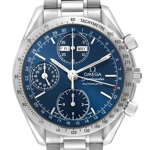 The image shows a front view of an Omega Speedmaster 3523.80.00 Men's Stainless Steel Blue Dial 3523.80.00 Men's Stainless Steel Blue Dial watch, highlighting the dial, bezel, and bracelet.