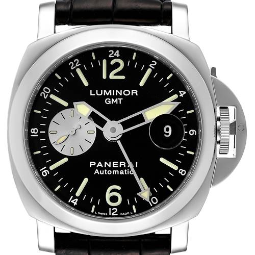 The image shows a frontal view of a Panerai Luminor PAM00088 Men's Stainless Steel Black Dial PAM00088 Men's Stainless Steel Black Dial GMT watch, focusing on the dial, hands, markers, and crown guard.