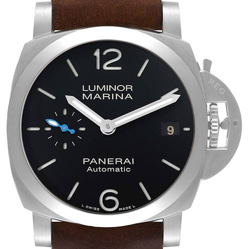 This image shows a frontal view of a Panerai Luminor PAM01272 Men's Stainless Steel Black Dial PAM01272 Men's Stainless Steel Black Dial Marina watch, displaying the dial, hands, crown guard, and part of the strap.