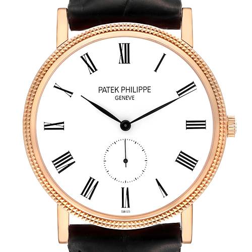 This image shows a front view of the Patek Philippe Calatrava 5119R Men's Rose Gold White Dial 5119R Men's Rose Gold White Dial watch face with its Roman numerals and gold case.