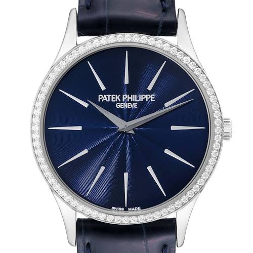 The image shows a frontal view of a Patek Philippe Calatrava 4897G-001 Women's White Gold Blue Dial 4897G-001 Women's White Gold Blue Dial watch featuring a blue dial, diamond bezel, and leather strap.