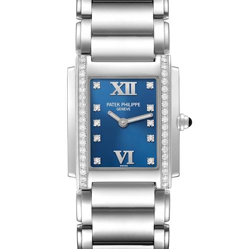 This image shows a front view of the Patek Philippe Twenty-4 4910/10A-012 Women's Stainless Steel Blue Dial 4910/10A-012 Women's Stainless Steel Blue Dial watch, highlighting the face, bezel, and bracelet.