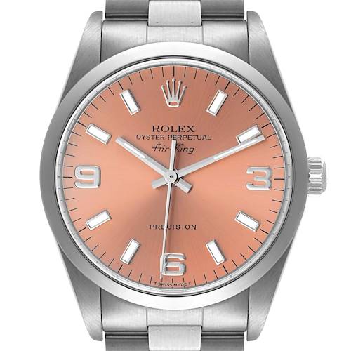 The image shows a front angle of the Rolex Air-King 14000 Men's Stainless Steel Pink Dial 14000 Men's Stainless Steel Pink Dial watch, featuring its dial, hands, and part of its bracelet.