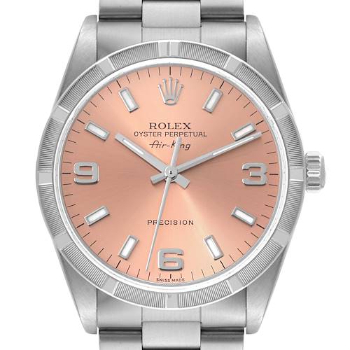 The image depicts a Rolex Air-King 14010 Men's Stainless Steel Pink Dial 14010 Men's Stainless Steel Pink Dial watch from a frontal angle, showcasing the dial, hands, crown, and part of the bracelet.