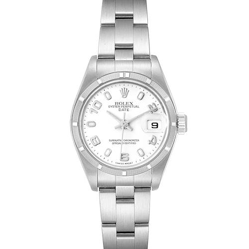 The image shows a front view of a Rolex Date 79190 Women's Stainless Steel White Dial 79190 Women's Stainless Steel White Dial model watch, highlighting the face, bezel, and bracelet.