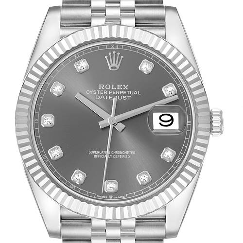 The image shows a frontal view of a Rolex Datejust 41 126334 Men's Stainless Steel Grey Dial 126334 Men's Stainless Steel Grey Dial watch, highlighting its dial, hands, markers, date window, bezel, and part of the bracelet.