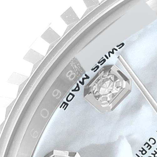The image shows a close-up of the dial and bezel of a Rolex Datejust 279174 Women's Stainless Steel Mother of Pearl Dial 279174 Women's Stainless Steel Mother of Pearl Dial watch, highlighting the "Swiss Made" text and a diamond hour marker.