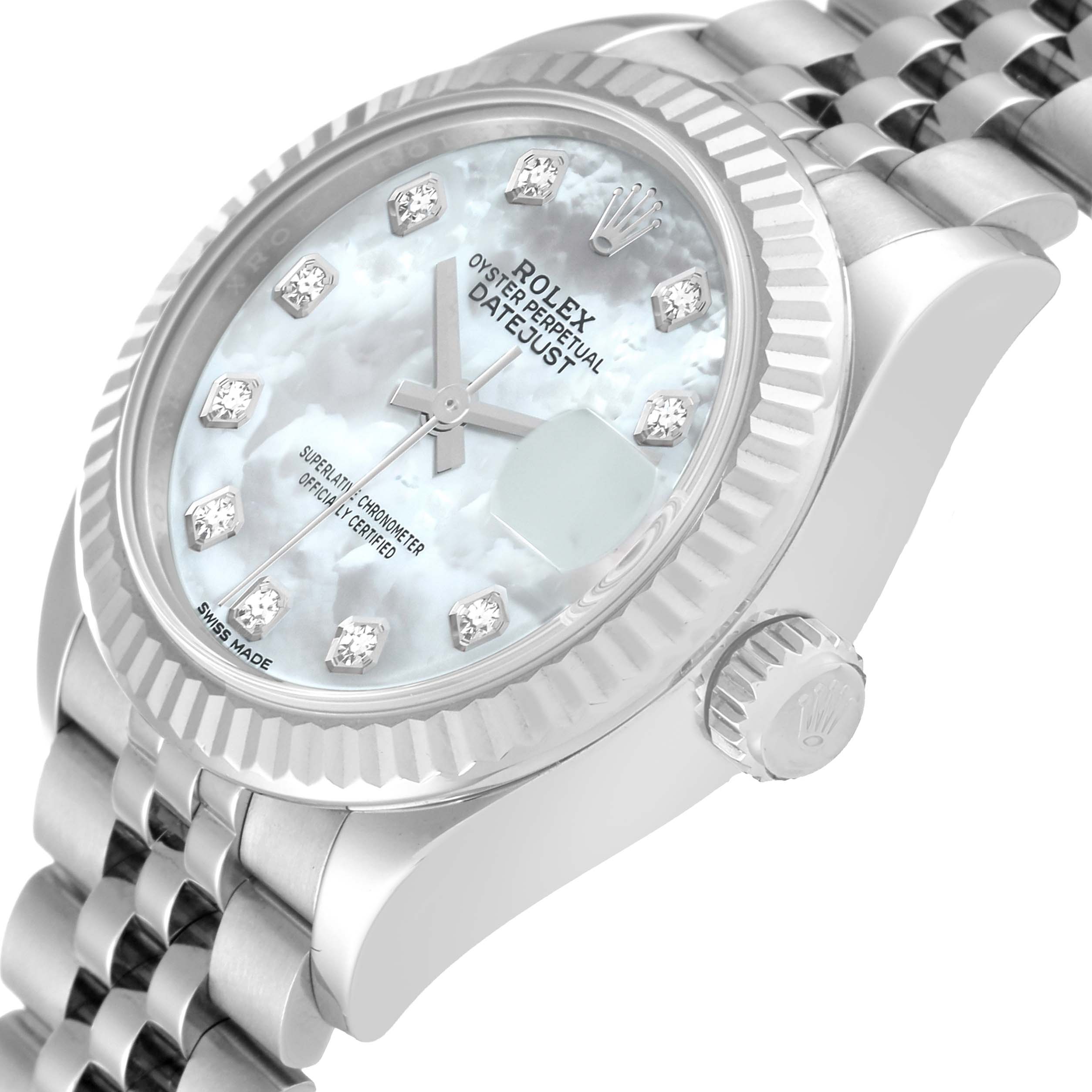 The Rolex Datejust 279174 Women's Stainless Steel Mother of Pearl Dial 279174 Women's Stainless Steel Mother of Pearl Dial watch is shown from an angled side view, featuring the dial, bezel, crown, and part of the bracelet.