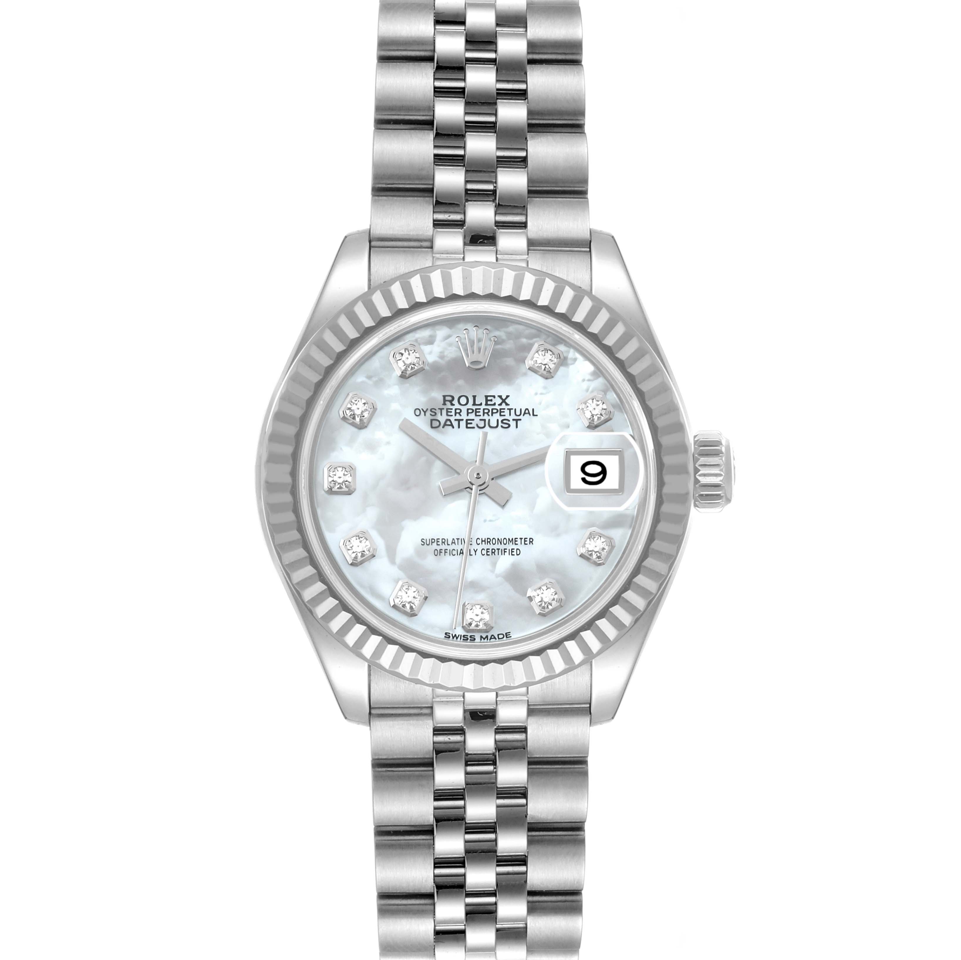 The image shows a front view of a Rolex Datejust 279174 Women's Stainless Steel Mother of Pearl Dial 279174 Women's Stainless Steel Mother of Pearl Dial watch, highlighting its dial, bezel, bracelet, and date window.