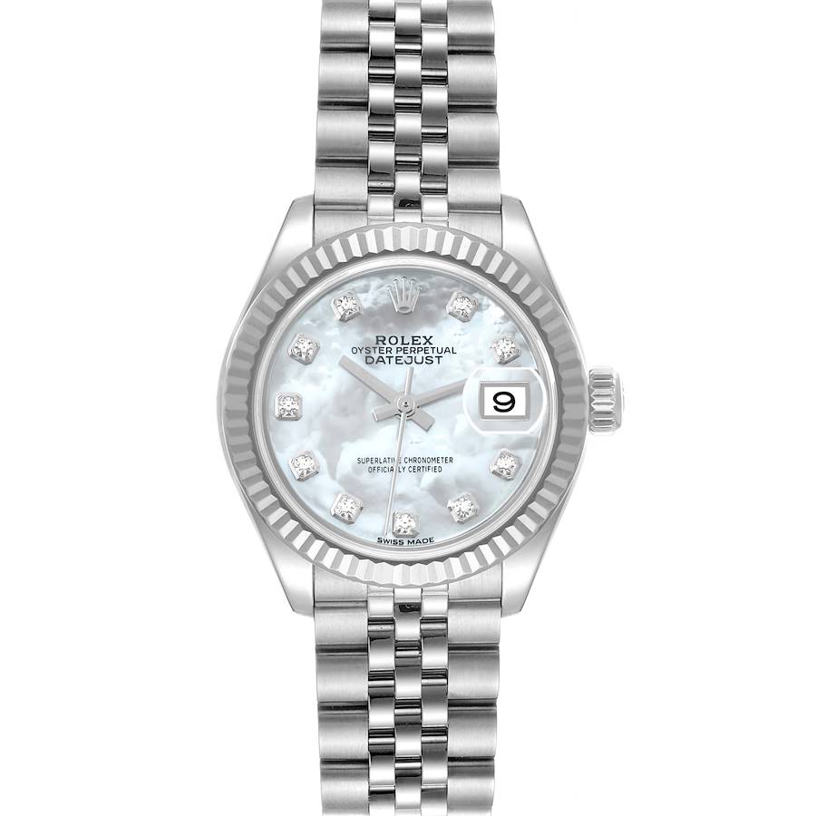 The image shows a front view of a Rolex Datejust 279174 Women's Stainless Steel Mother of Pearl Dial 279174 Women's Stainless Steel Mother of Pearl Dial watch, highlighting its dial, bezel, bracelet, and date window.