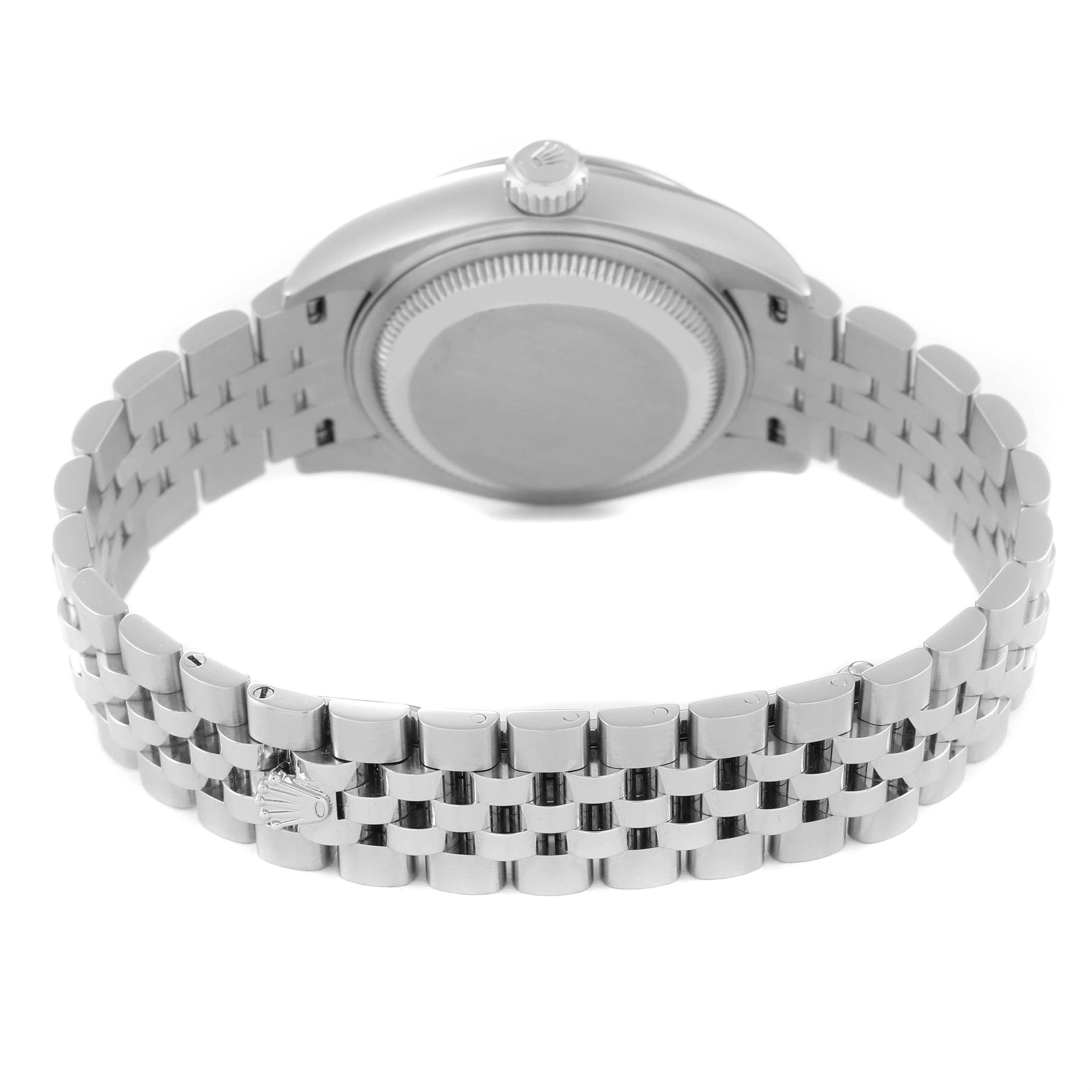 The image shows the back view of a Rolex Datejust 279174 Women's Stainless Steel Mother of Pearl Dial 279174 Women's Stainless Steel Mother of Pearl Dial model, highlighting the case back and Jubilee bracelet.