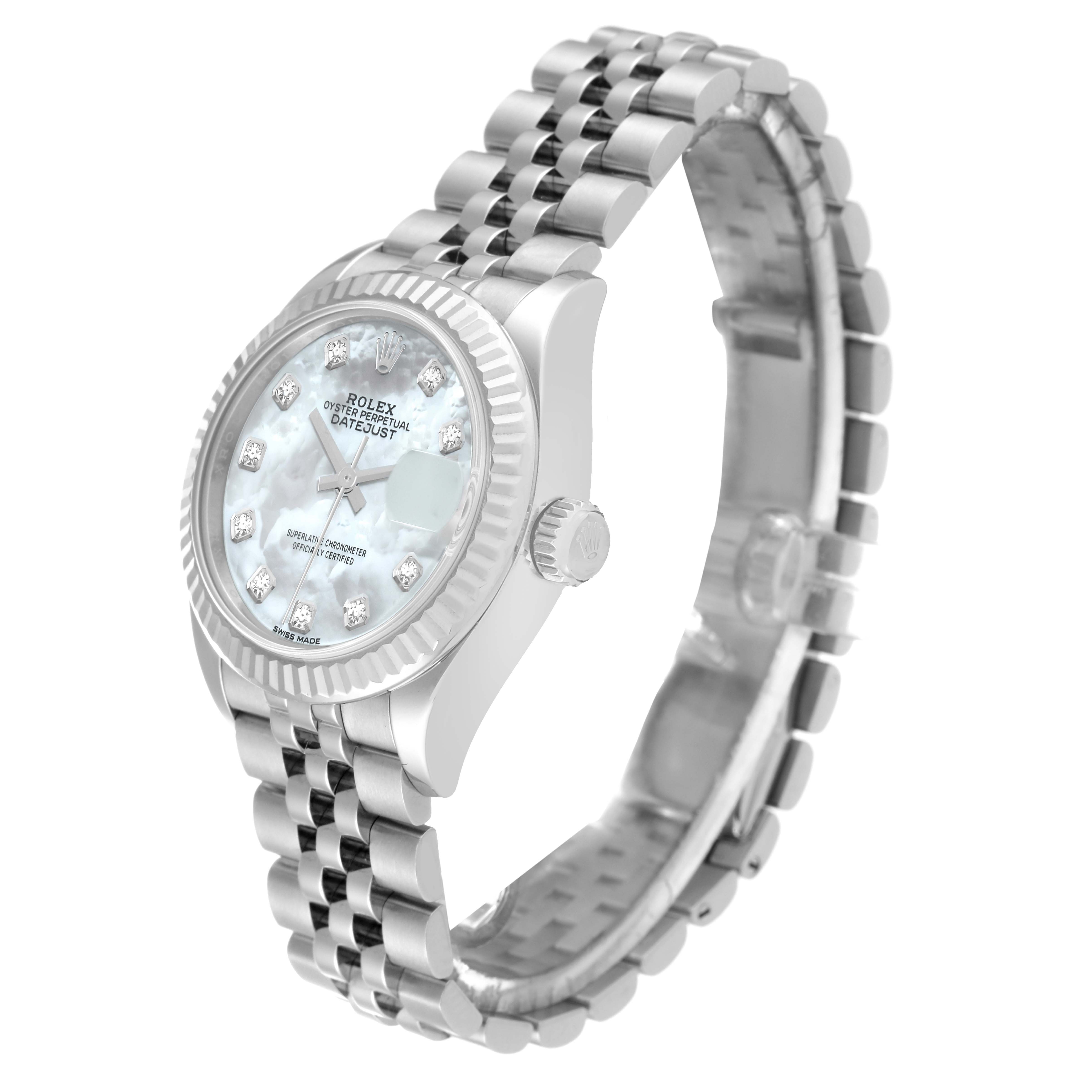 This image shows a Rolex Datejust 279174 Women's Stainless Steel Mother of Pearl Dial 279174 Women's Stainless Steel Mother of Pearl Dial watch at a three-quarter angle, highlighting the face, bezel, crown, and bracelet.