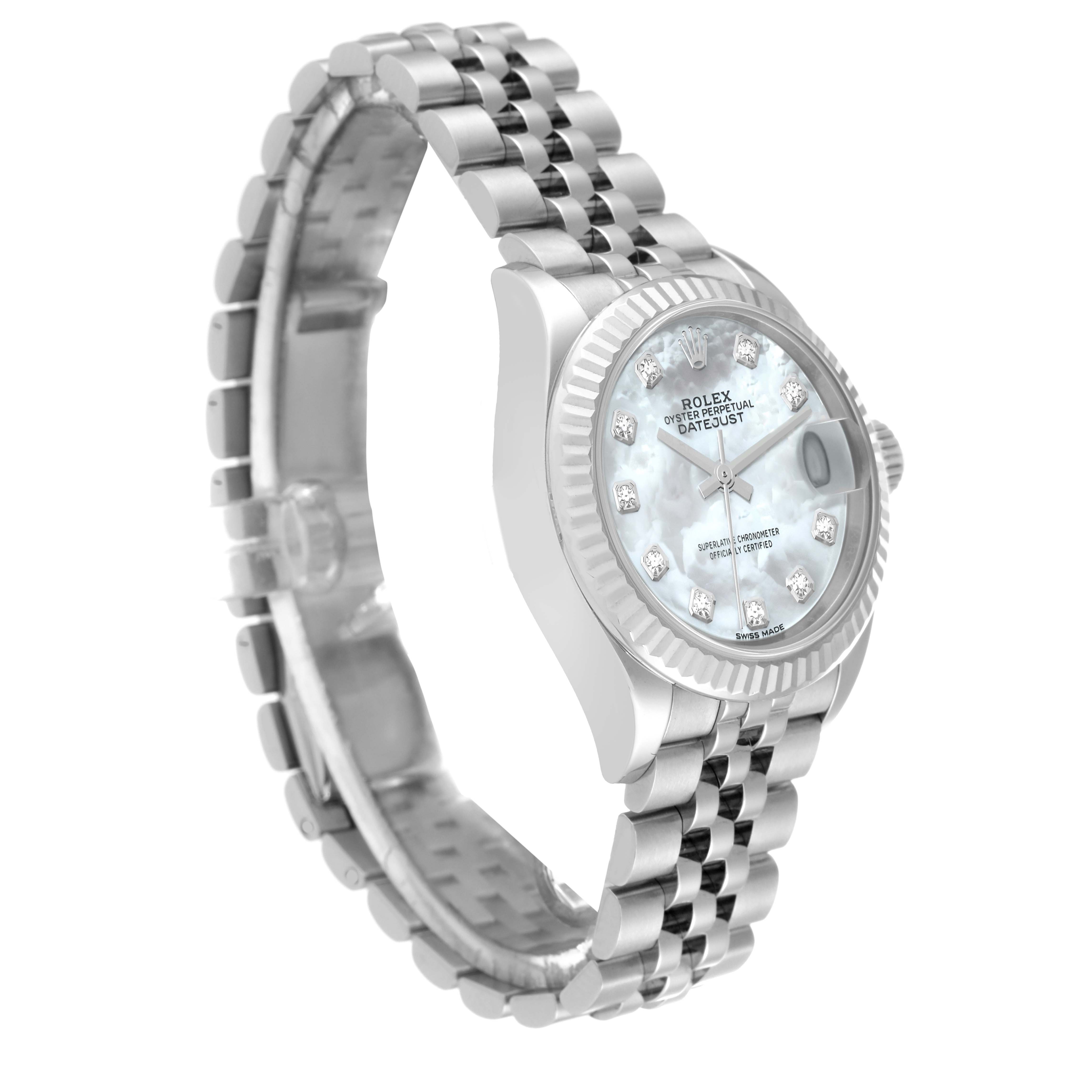 This image showcases a Rolex Datejust 279174 Women's Stainless Steel Mother of Pearl Dial 279174 Women's Stainless Steel Mother of Pearl Dial watch from a three-quarter angle, clearly displaying its face and bracelet.
