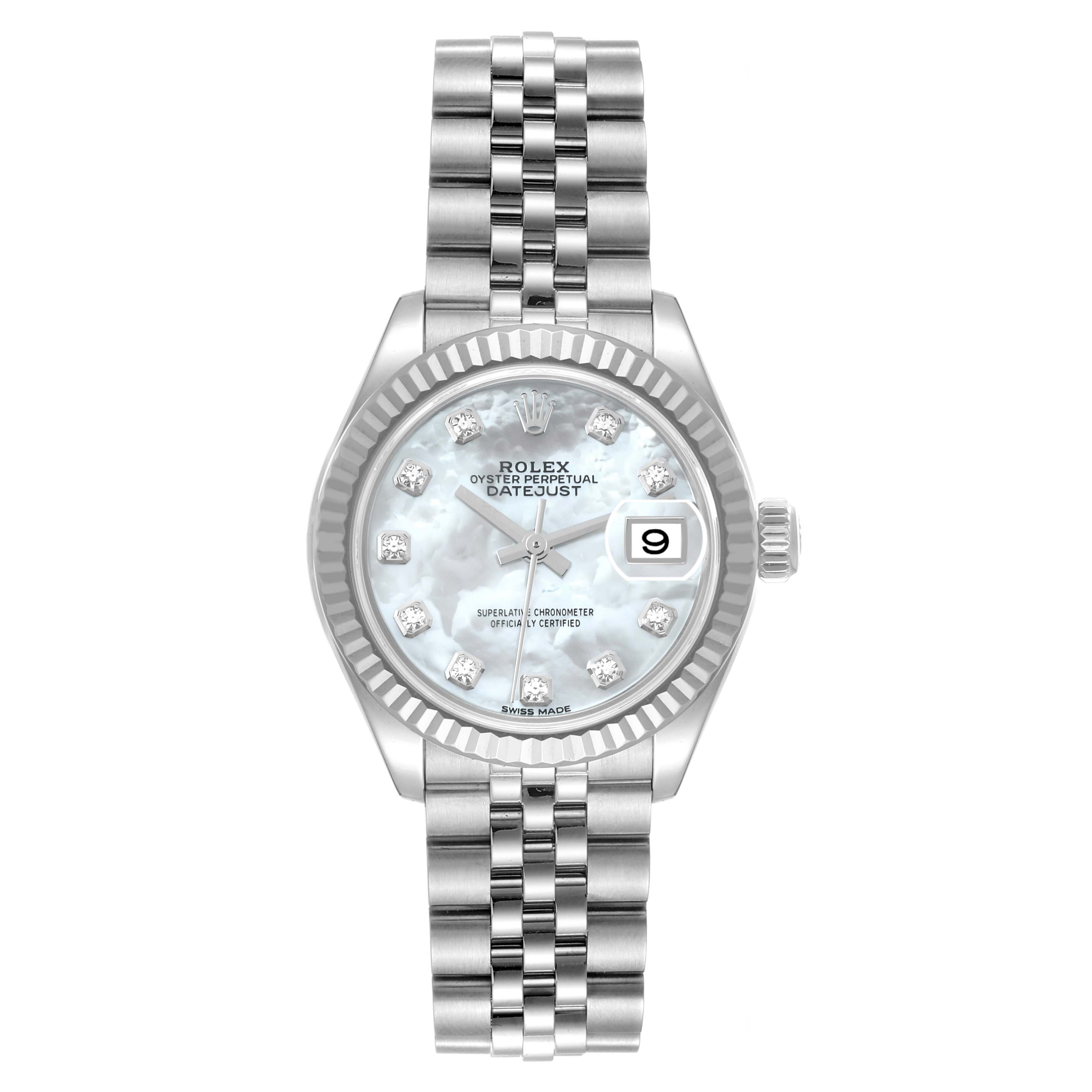 This image shows the full front view of a Rolex Datejust 279174 Women's Stainless Steel Mother of Pearl Dial 279174 Women's Stainless Steel Mother of Pearl Dial watch, highlighting its dial, bracelet, and date display.