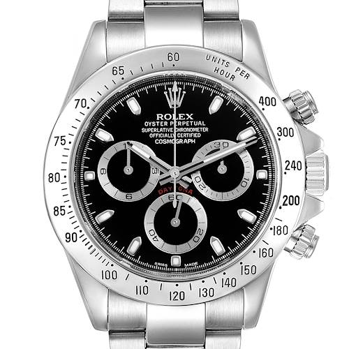 The Rolex Daytona 116520 Men's Stainless Steel Black Dial 116520 Men's Stainless Steel Black Dial watch is shown from a front angle, displaying its dial, bezel, and bracelet.