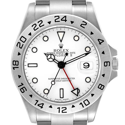 The image shows a front view of the Rolex Explorer 16570 Men's Stainless Steel White Dial 16570 Men's Stainless Steel White Dial watch, featuring its dial, bezel, hands, and part of its bracelet.