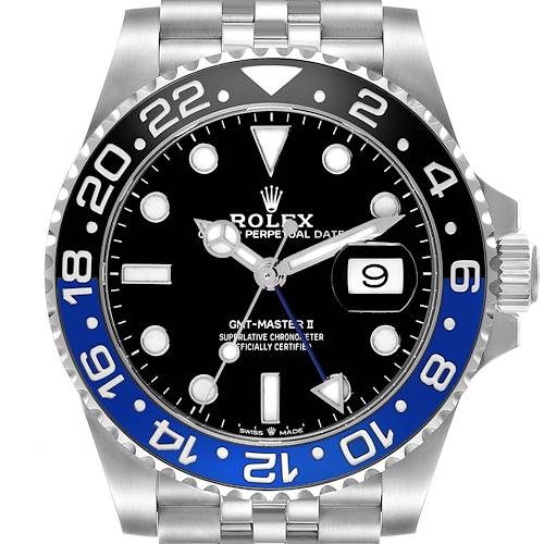 This image shows a front view of a Rolex GMT-Master 126710BLNR Men's Stainless Steel Black Dial 126710BLNR Men's Stainless Steel Black Dial II watch, highlighting the bezel, dial, bracelet, and crown.