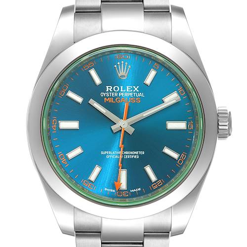 This image shows a front view of a Rolex Milgauss 116400GV Men's Stainless Steel Blue Dial 116400GV Men's Stainless Steel Blue Dial watch, displaying its face, dial, and stainless steel bracelet.