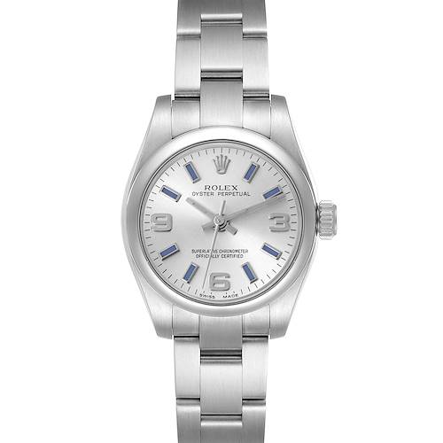 The image shows a front view of a Rolex Oyster Perpetual 176200 Women's Stainless Steel Silver Dial 176200 Women's Stainless Steel Silver Dial watch, displaying its silver dial and stainless steel bracelet.