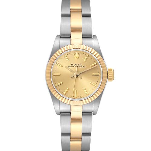 This image shows a front view of the Rolex Oyster Perpetual 67193 Women's Steel and Gold (two tone) Champagne Dial 67193 Women's Steel and Gold (two tone) Champagne Dial watch, highlighting its gold and silver case and bracelet.