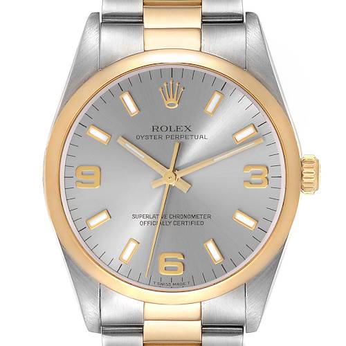 The image shows a front view of a Rolex Oyster Perpetual 14203 Men's Steel and Gold (two tone) Grey Dial 14203 Men's Steel and Gold (two tone) Grey Dial watch with a silver and gold color scheme.