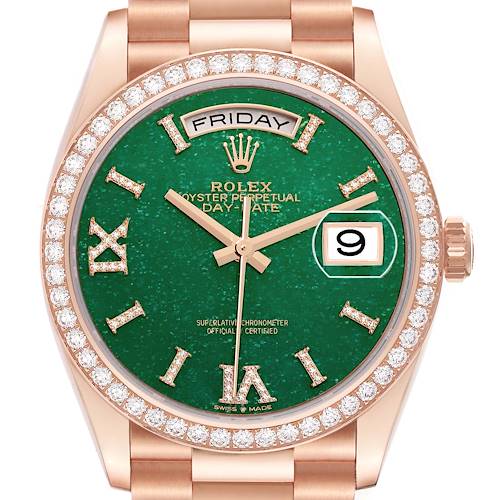 The Rolex President M128345RBR-0068 Men's Rose Gold Green Dial M128345RBR-0068 Men's Rose Gold Green Dial model watch is shown from the front, displaying the face, day-date windows, and diamond bezel.
