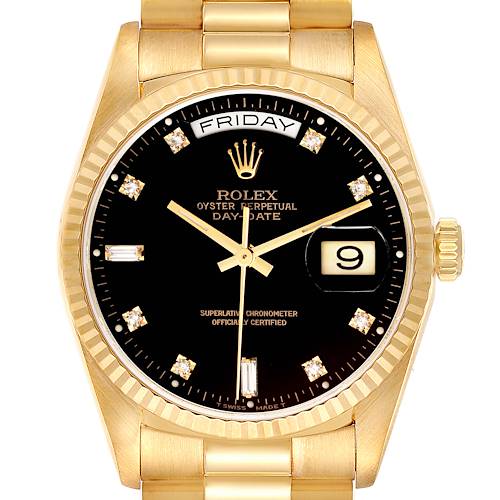 The image shows a Rolex President 18238 Men's Yellow Gold Black Dial 18238 Men's Yellow Gold Black Dial model watch from the front, highlighting its black dial, day-date display, and diamond hour markers.