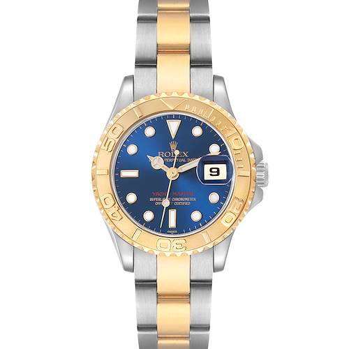 This image shows a front view of a Rolex Yacht-Master 69623 Women's Steel and Gold (two tone) Blue Dial 69623 Women's Steel and Gold (two tone) Blue Dial watch, featuring a two-tone bracelet and a blue dial with a gold bezel.