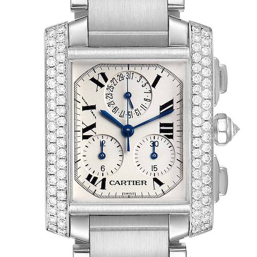 The image shows a frontal view of the Cartier Tank Française watch, highlighting its rectangular face, blue hands, and diamond-encrusted sides.